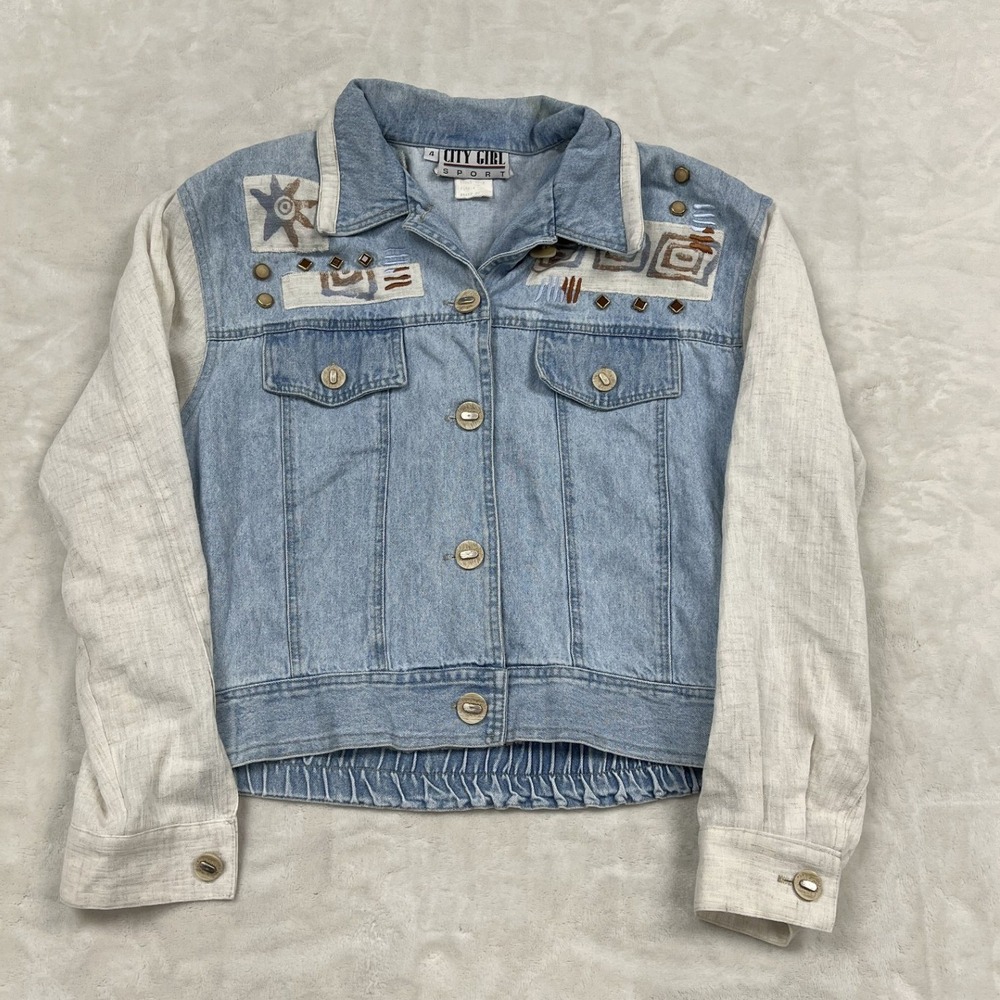 City Girl Sport Denim Jacket Womens 4 Blue Mixed Media Embroidered Southwestern